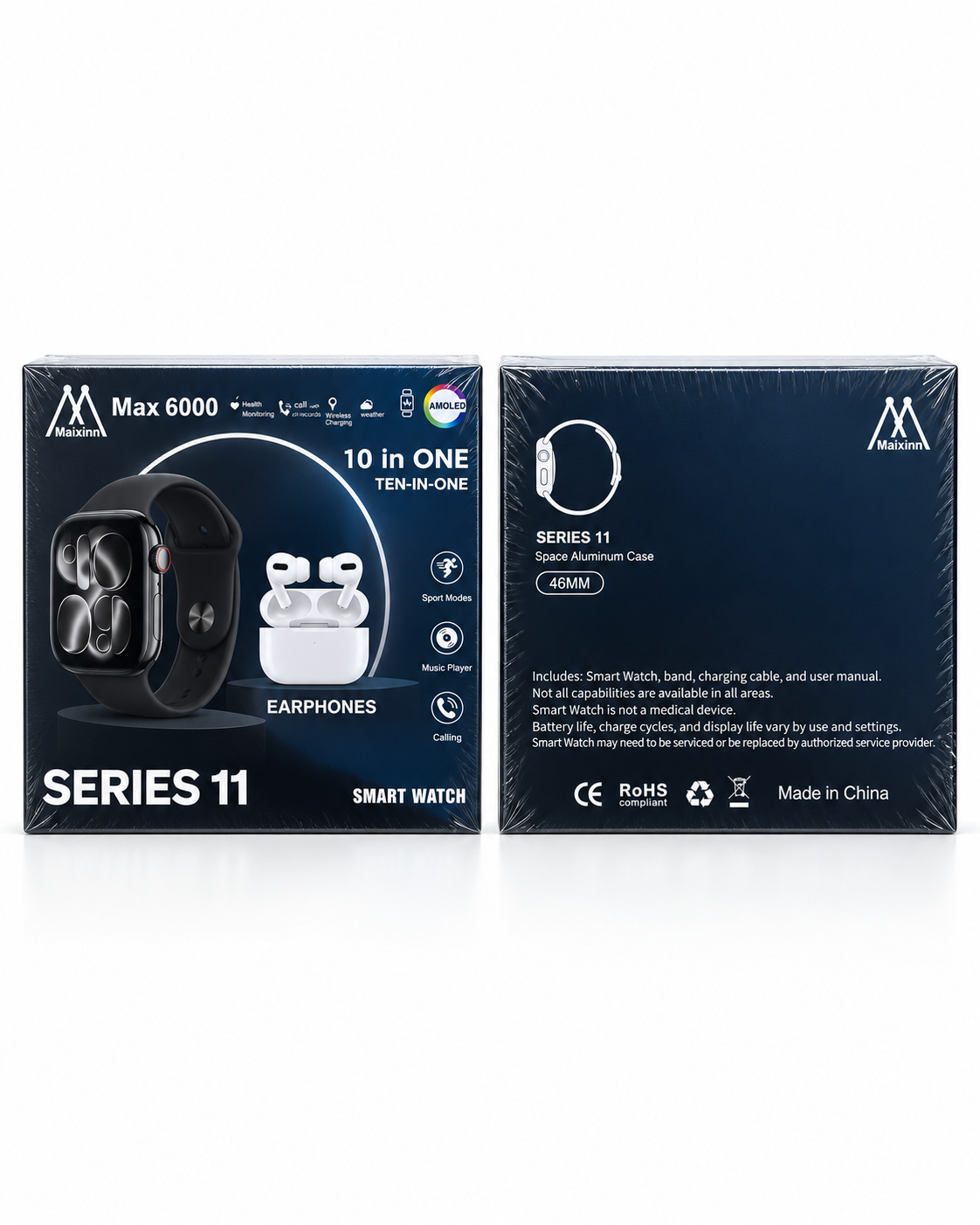 Maixinn Series 11 smart watch packaging front and back with features and certifications