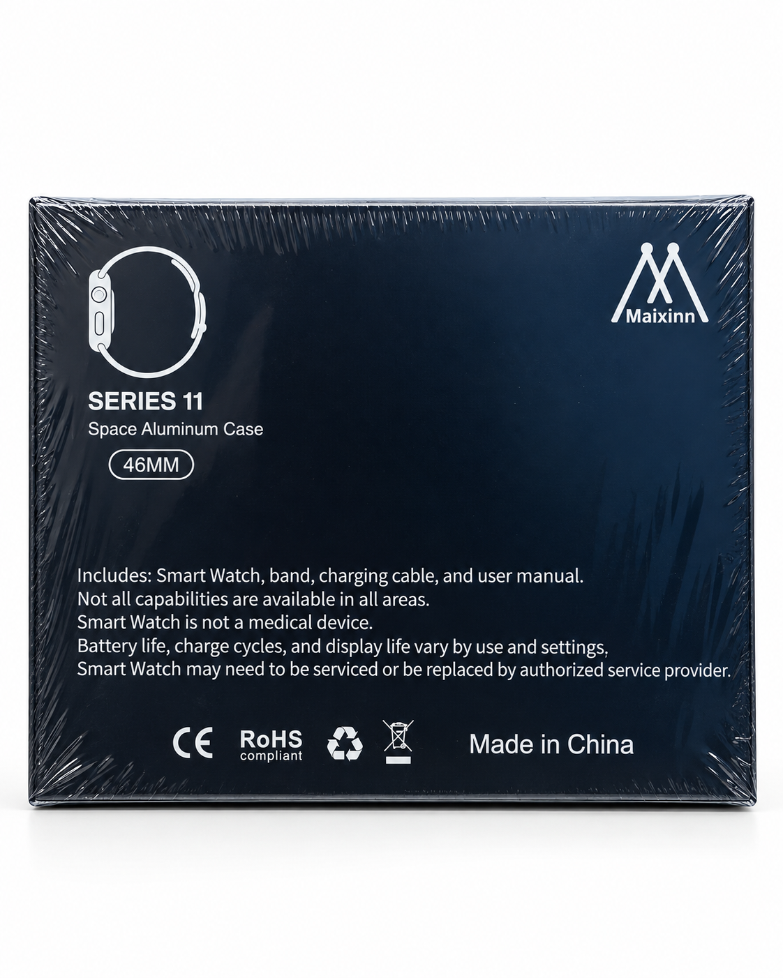 Series 11 smart watch box back showing Space Aluminum Case 46MM and box contents