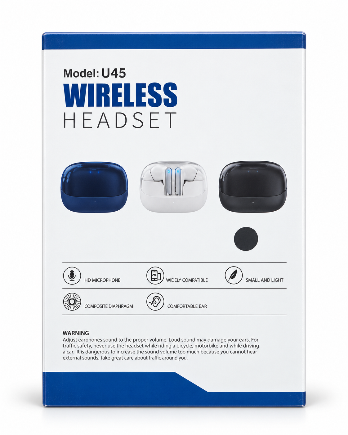 U45 Wireless Headset box showing the blue charging case and touch control earbuds