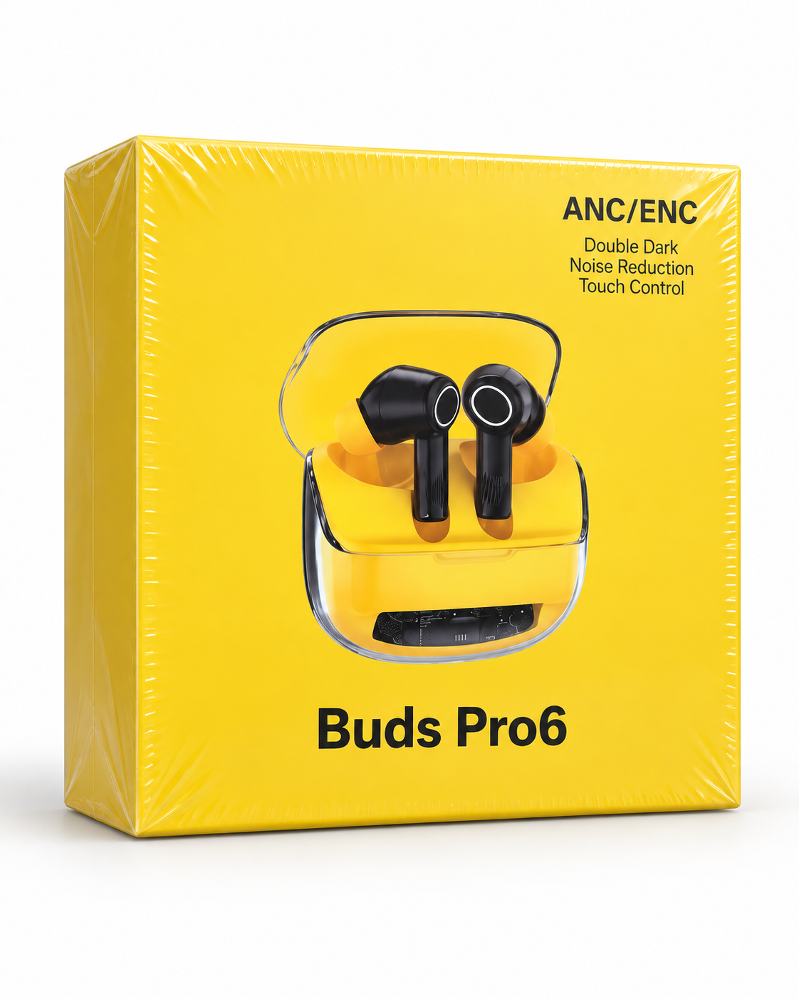 Buds Pro6 wireless earbuds in yellow with transparent charging case