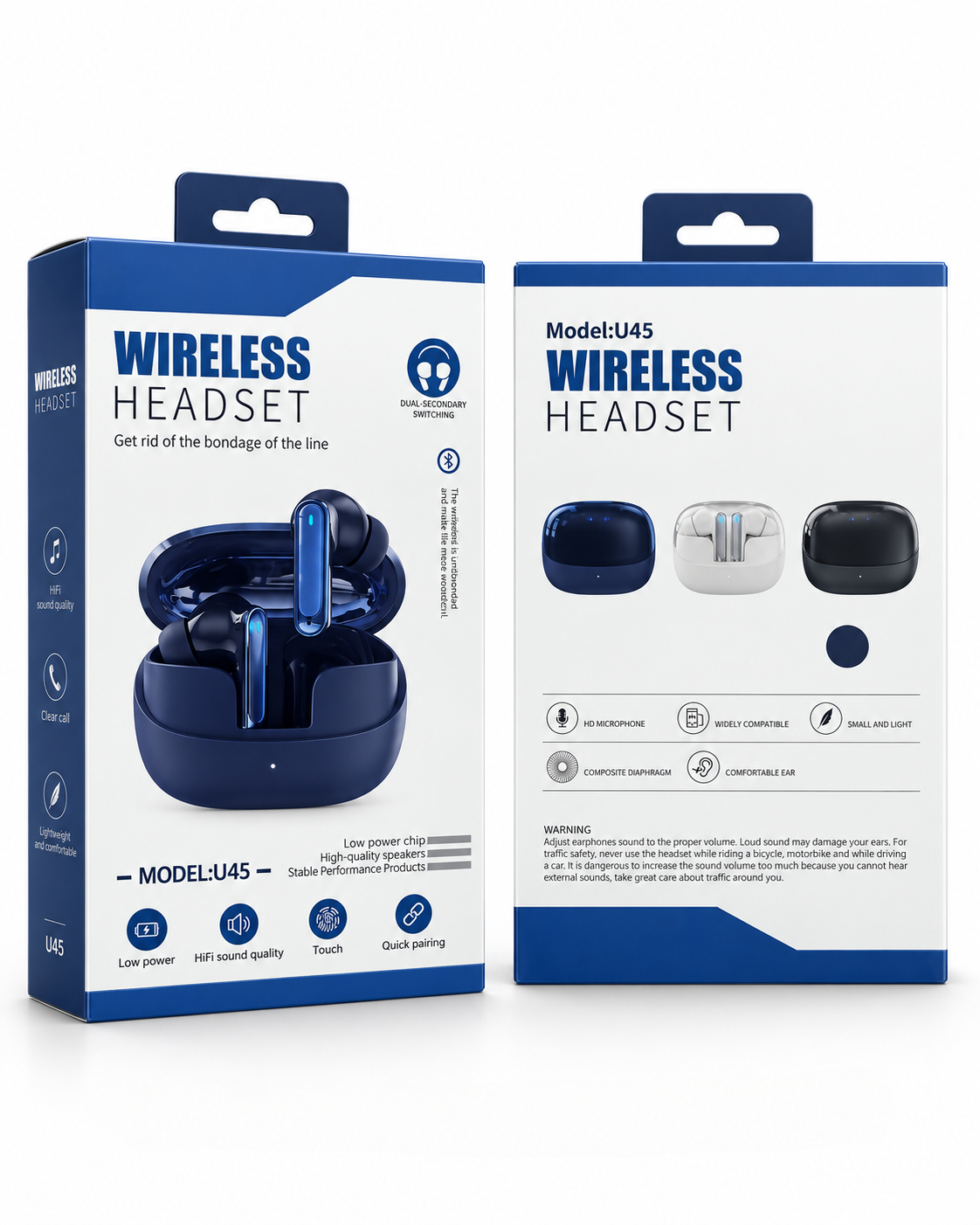 U45 Wireless Headset packaging front and back with features and colour options