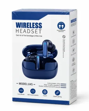 U45 Wireless Headset box front view with blue charging case and touch control earbuds