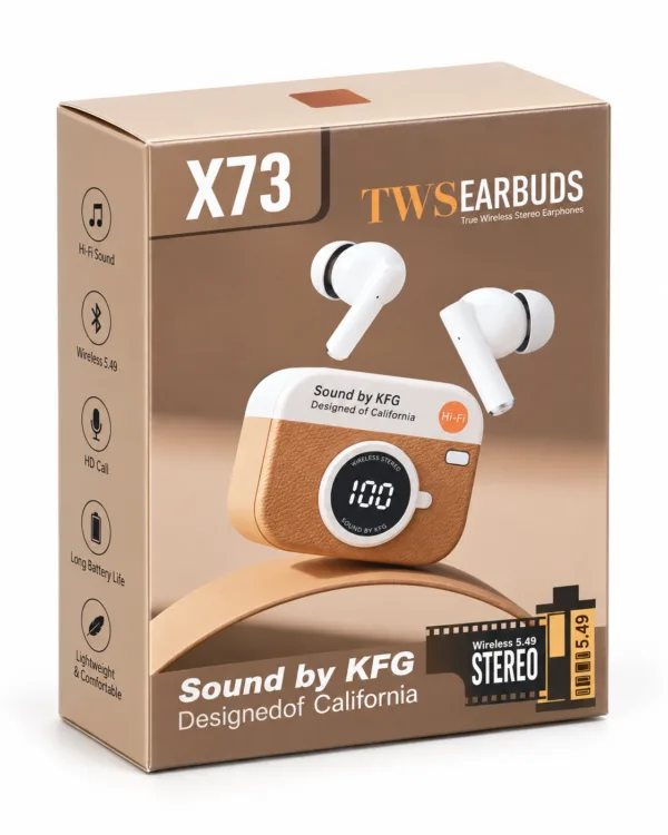 X73 TWS Earbuds retro camera style charging case with LED battery display, front view