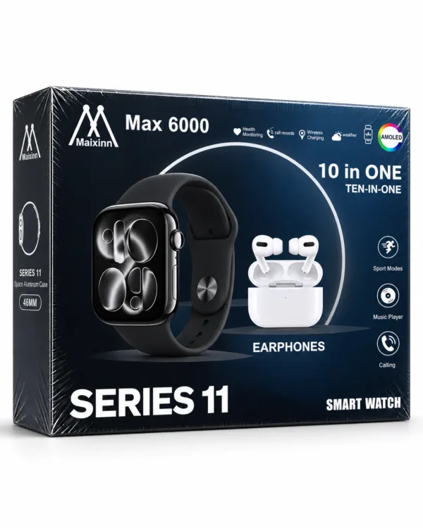 Maixinn Max 6000 Series 11 smart watch box with 46mm AMOLED watch and earphones