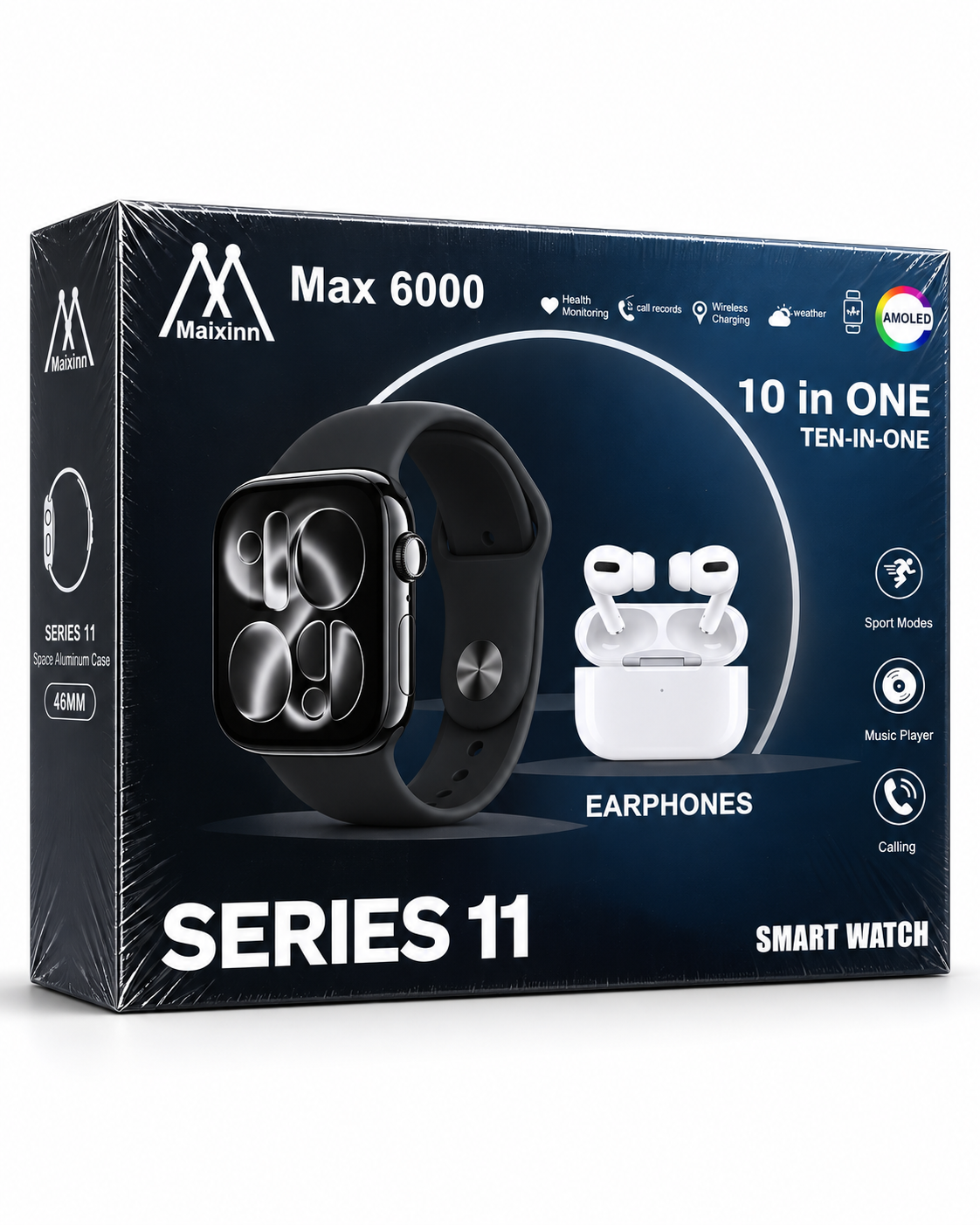 Maixinn Max 6000 Series 11 smart watch box with 46mm AMOLED watch and earphones