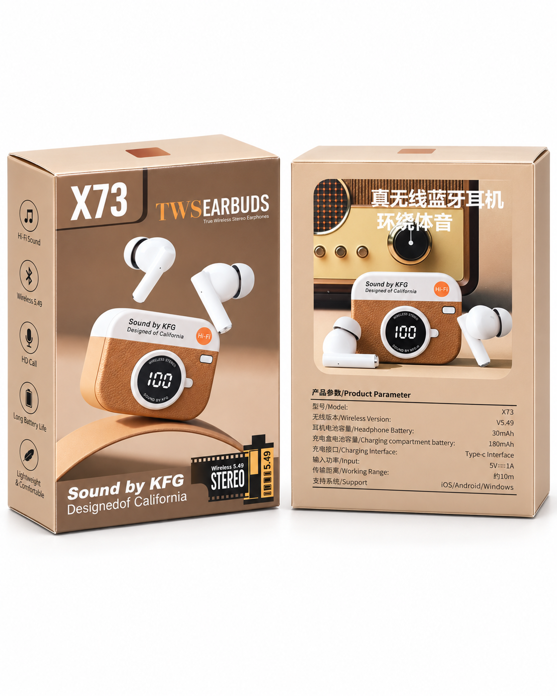 X73 TWS Earbuds packaging front and back showing features and specifications