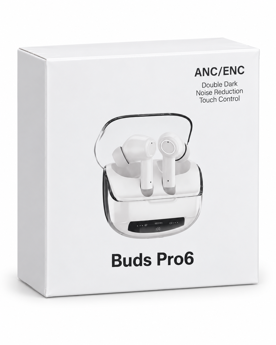 Buds Pro6 wireless earbuds in white with battery display case