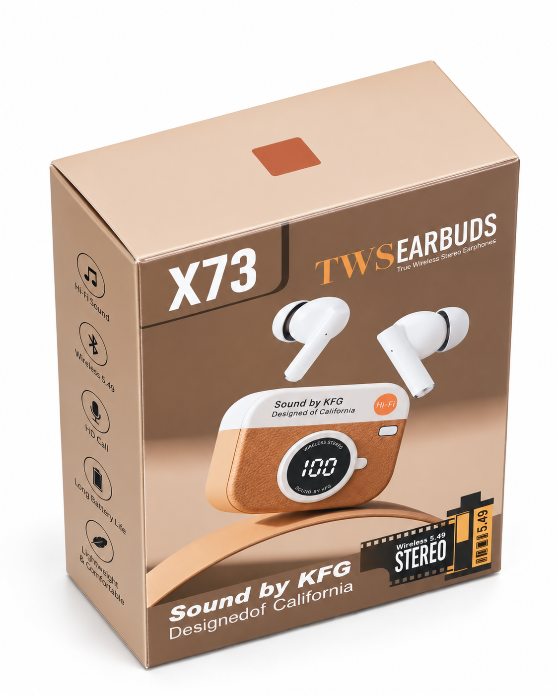 X73 TWS Earbuds specification table: model X73, wireless V5.49, 30mAh earbuds, 180mAh case, Type-C